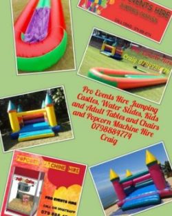 PRO EVENTS HIRE JUMPING CASTLES, WATER SLIDES,POPCORN MACHINE, KIDS AND ADULTS TABLES AND CHAIRS FOR HIRE. https://www.facebook.com/proeventshire/ We hire Jumping Castles, Water Slides, Popcorn Machine, Kids and Adult Tables and Chairs (With or Without Covers). We deliver set up and fetch from you. KINDLY CONTACT CRAIG DIRECTLY THANKS. MOBILE: 079 888 4774